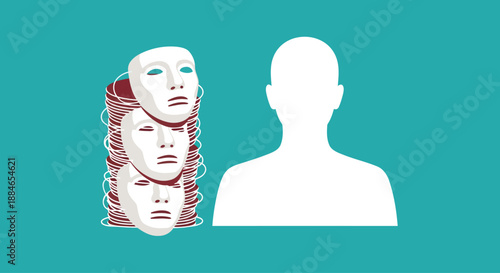 Faceless silhouette next to stack of masks symbolizing social fatigue.