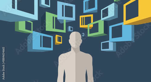 Human head surrounded by chaotic pop-up windows representing intrusive thoughts.