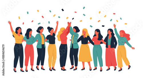 Celebrating women a diverse group joyfully stands together amidst falling confetti