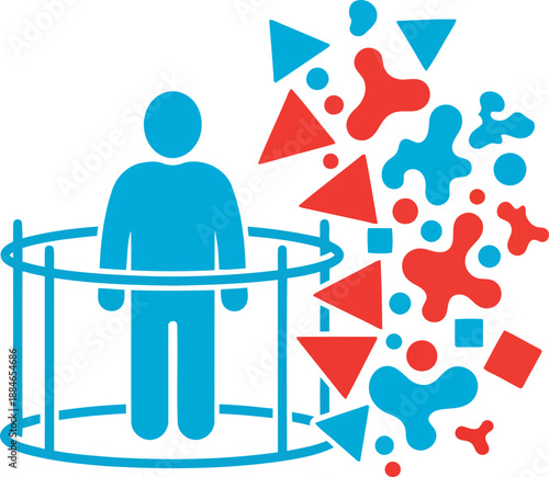 Person standing inside fence while external shapes press against it symbolizing healthy emotional boundaries and safety.