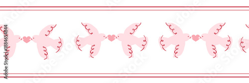 Valentine horizontal frame with flying love birds holding hearts. Decorative border with copy space in soft pink tones. Vector hand drawn illustration for cards, invitations, headers, romantic design