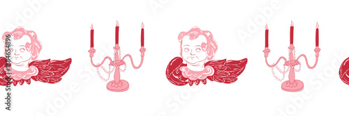 Seamless border frame with antique vintage candelabra and cherub angel. Vector hand drawn illustration for cards, invitations, headers, Washi tape, scrapbooking, adhesive tape