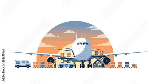 Busy cargo airplane at an airport tarmac being efficiently loaded with numerous boxes and pallets by diligent ground crew and specialized equipment during a sunset.