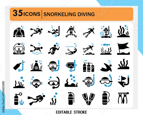 Scuba Diving Icons Set – Underwater Diving Equipment, Snorkeling, Diver Silhouettes Vector Collection
