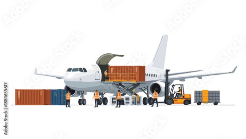 Large cargo airplane on the tarmac with an open bay door, being loaded with shipping containers by a busy ground crew, a forklift, and specialized equipment.