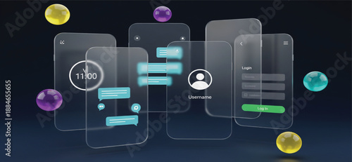 Futuristic Glassmorphism Mobile App Interface Screens with Login, Chat, Profile, and Dashboard Elements for Modern UI UX Design Concepts