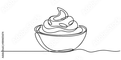Whipped cream in a bowl in continuous one line art style. Simple vector illustration, Single-line drawing of a mixing bowl with whipped cream, Minimalist one continuous line art drawing of a hot drink