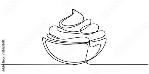 Whipped cream in a bowl in continuous one line art style. Simple vector illustration, Single-line drawing of a mixing bowl with whipped cream, Minimalist one continuous line art drawing of a hot drink