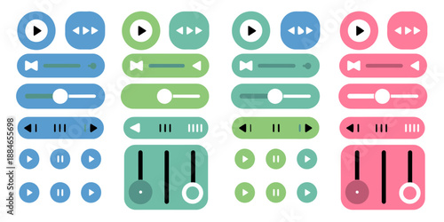 Colorful hand drawn music player interface elements set on white background, perfect for app design, UI, UX, web projects, creative media players, and digital music platform concepts