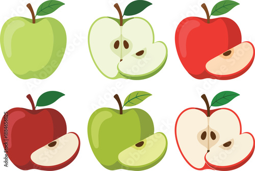 Collection of red and green apple vector illustrations featuring whole fruits half slices and wedges with seeds isolated on white background set.
