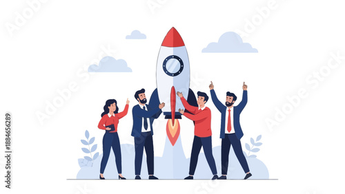 Team Launching Rocket Ship, Business Startup Concept, Flat Design