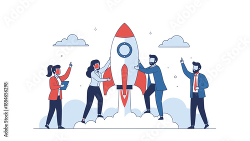Team Launching Rocket Ship, Startup Business Concept