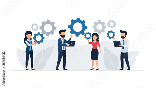 Teamwork and Collaboration with Gears and Laptops