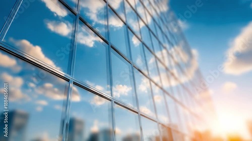 Skyscrapers: Reflections of Sky in Modern Architecture: Capturing the mesmerizing beauty of a high-rise building, where the pristine glass facade mirrors the vibrant blue sky and fluffy white clouds.