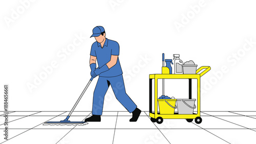 Diligent janitor in a blue uniform, cap, and gloves expertly mops a clean floor, with a fully equipped cleaning cart conveniently nearby.