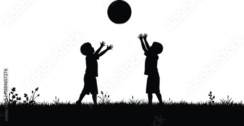 Silhouette of two children playing with ball in grass field, outdoor fun, childhood activity, happy kids isolated on white background