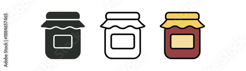 Jam jar icon set. Glass container, preserve, homemade food, pantry symbol. Outline flat and colored vector illustration.