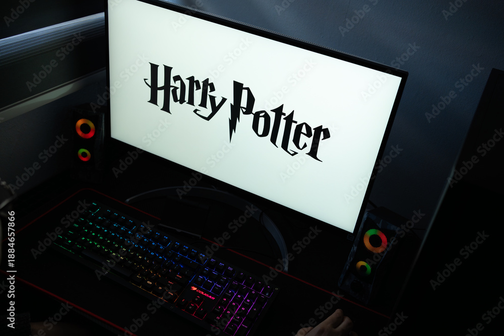 Obraz premium Punta Arenas, Chile – January 20, 2026: Harry Potter wizarding world franchise logo displayed on a computer monitor in a dark room