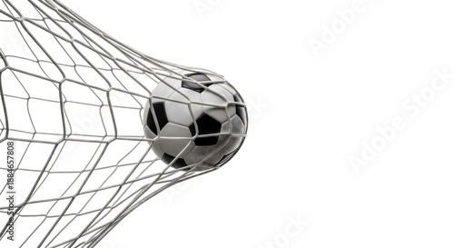 A classic black and white soccer ball impacts a taut white hexagonal goal net, stretching and bulging outwards, in a medium shot with a low angle against a stark white studio background with copy