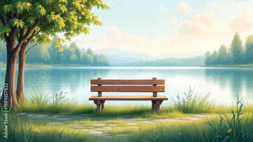 Golden lakeside bench with warm light and tranquil morning view. Peaceful lake landscape featuring bench, tree, soft sun glow. Calm waterfront scenery with seating and bright summer atmosphere