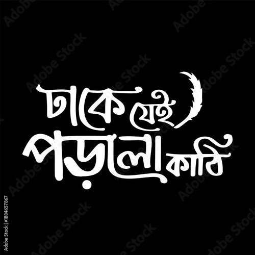 Graceful Bengali script featuring a delicate feather accent, beautifully rendered on a serene black background.