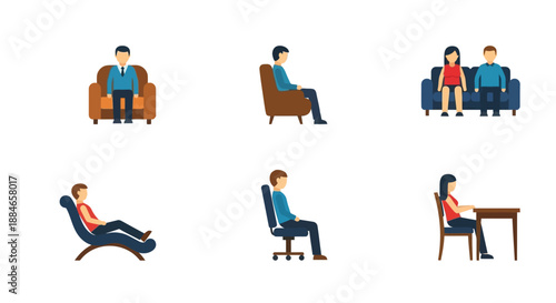 various seating arrangements depicted in colourful icons style showing people relaxing and socialising
