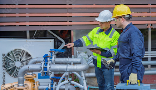 Фотография Two professional engineers inspecting industrial air conditioning system outside