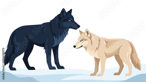 Two majestic wolves, one dark and one light, stand facing each other on a serene snowy landscape, capturing a moment in the winter wilderness.