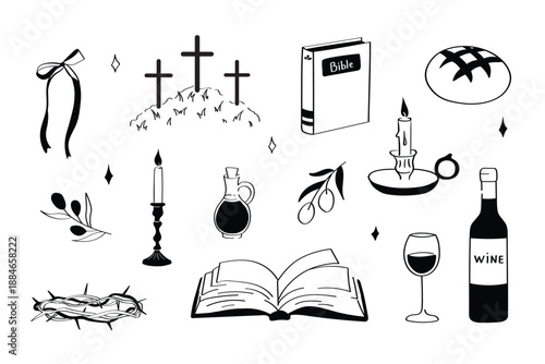 Set of illustrations on the Christian theme of Easter, featuring biblical symbols and symbols of Holy Communion in doodle style.