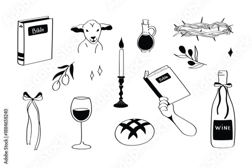 Minimalistic hand-drawn Christian icons with biblical symbols. Bread, wine, lamb, oil, olives, wreath, crown of thorns, Easter, and Holy Scripture.