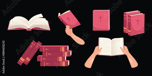 Collection of Bible related illustrations including open book, hands holding scripture and stacked volumes. Christian themed graphic set for Easter media and church design.