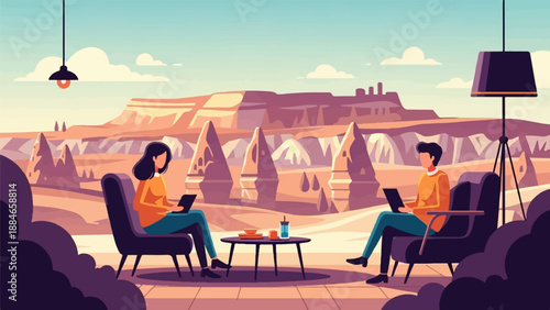 Two people relax on chairs in front of a scenic desert landscape