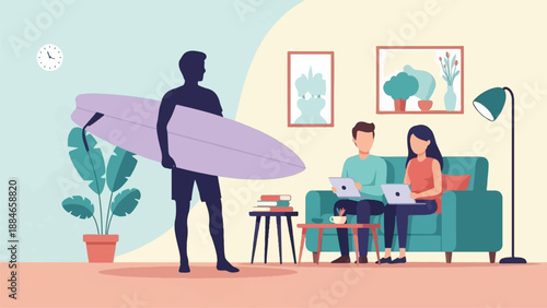 Two people relax on a sofa with laptops while a third person holds a surfboard indoors