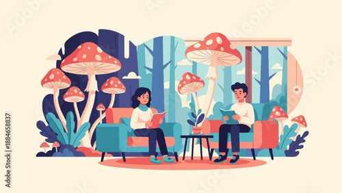 Two people relax on chairs reading books amidst whimsical giant mushrooms and trees