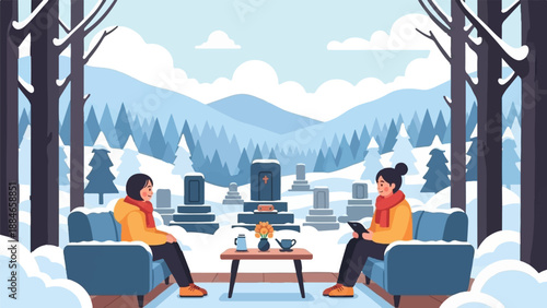 Two people relax on chairs with hot drinks in a snowy cemetery