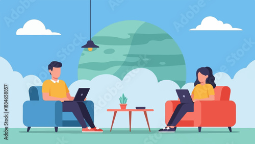 Two people relax on chairs working on laptops with a giant planet in background