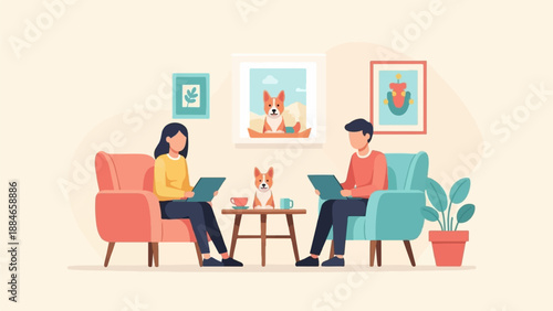 Two people relax on couches with tablets, a dog nearby, and art on wall