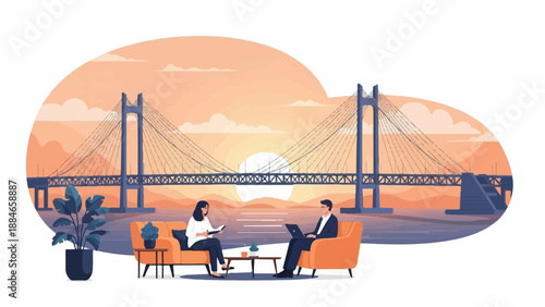 Two people relax on couches with a bridge and sunset in the background