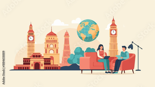 Two people relax on sofas amidst London landmarks and a globe