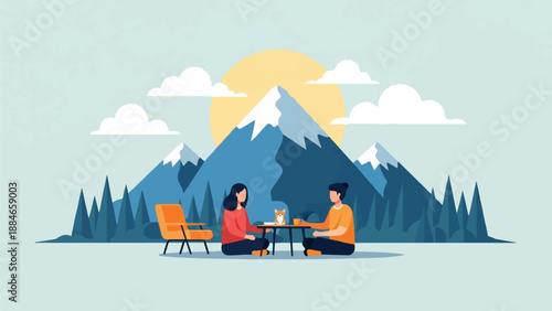 Two people sit at a table with a dog and a sunny mountain backdrop