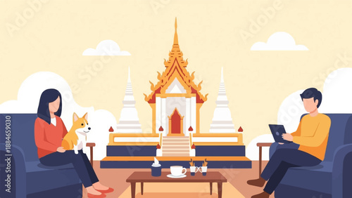 Two people relaxing at home with a dog, looking at a tablet and book