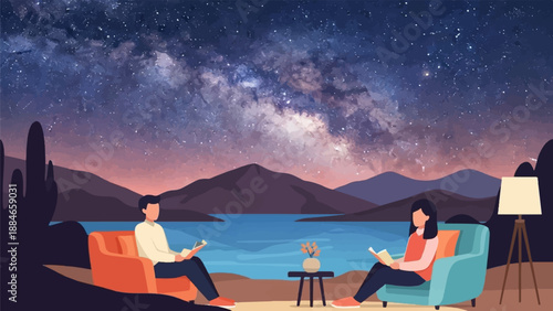 Two people relax reading books by a lake under a vibrant starry night sky