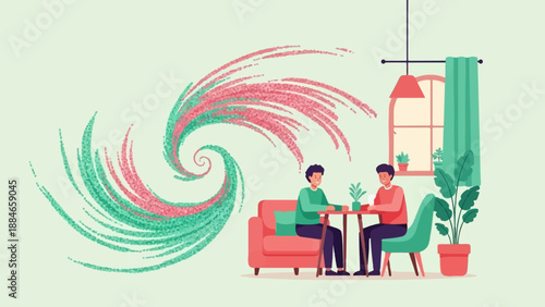 Two people sit at a table with plants and a window