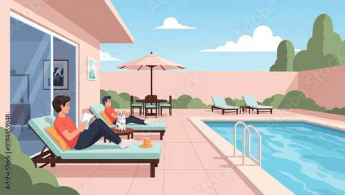 Two people relaxing by a pool with a dog and a drink on a sunny day