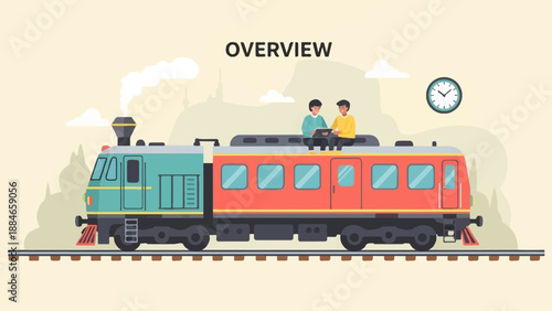 Two people sit atop a train, discussing a tablet, under a clock