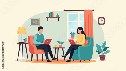 Two people sit comfortably in chairs using laptops in a cozy room
