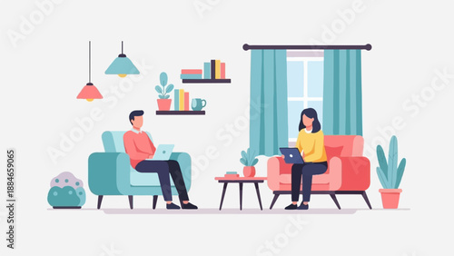 Two people sit comfortably in armchairs using laptops in a cozy living room