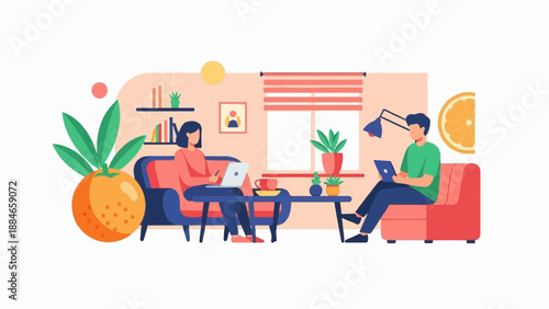 Two people relaxing in a living room, one on a laptop, the other on a tablet (1)