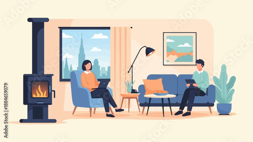 Two people relaxing in a living room with a fireplace and city view