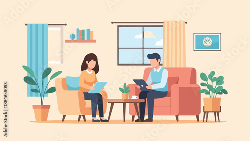 Two people sit in a living room, reviewing documents on tablets